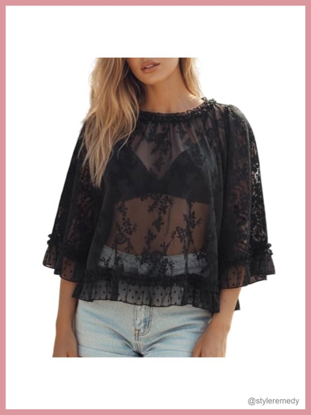 Womens Sheer Lace Ruffle Hem Flowy Blouse Long Sleeve Crew Neck Top